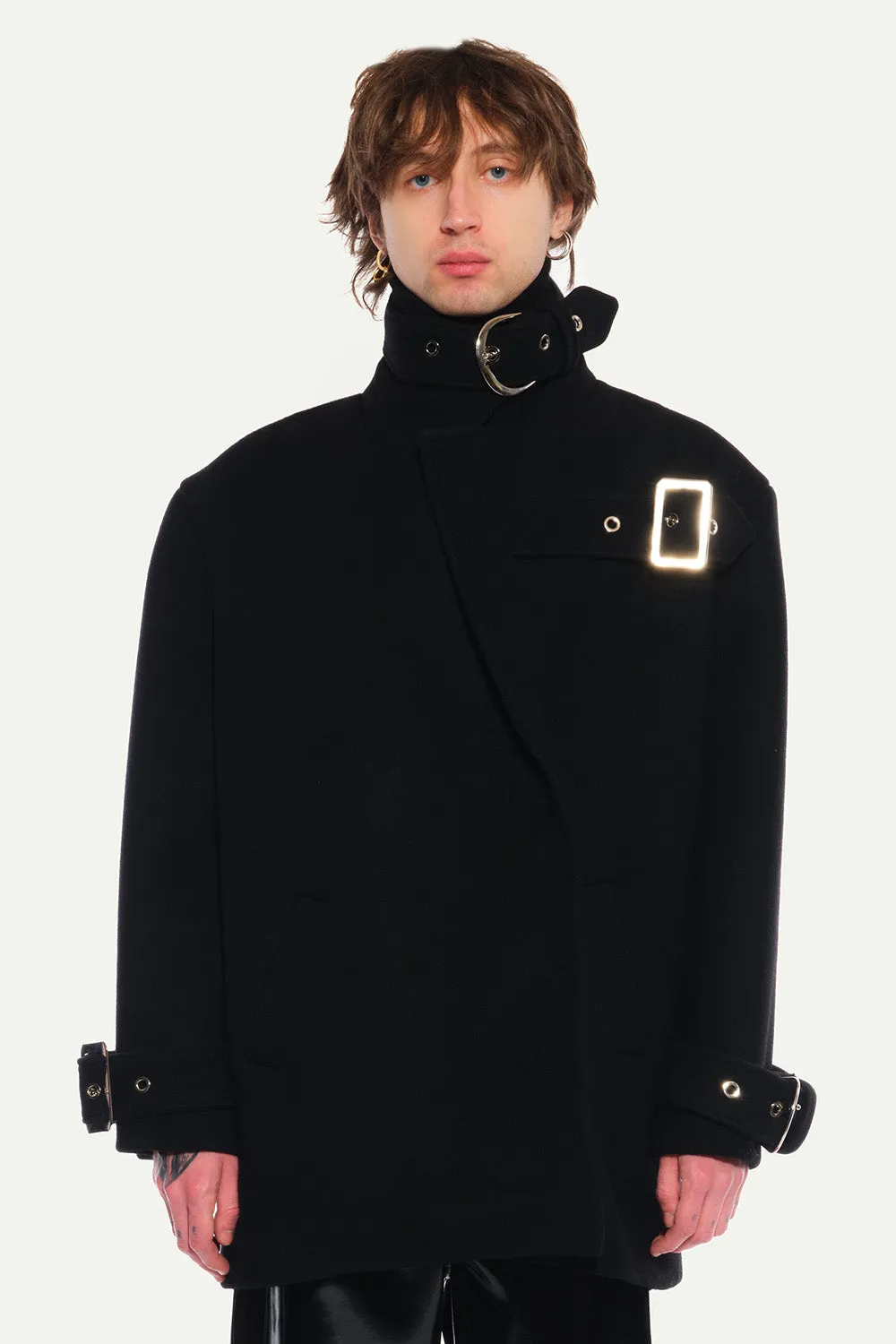 Jeanne Friot Lou Caban manteau tartan noir oversize ceinture