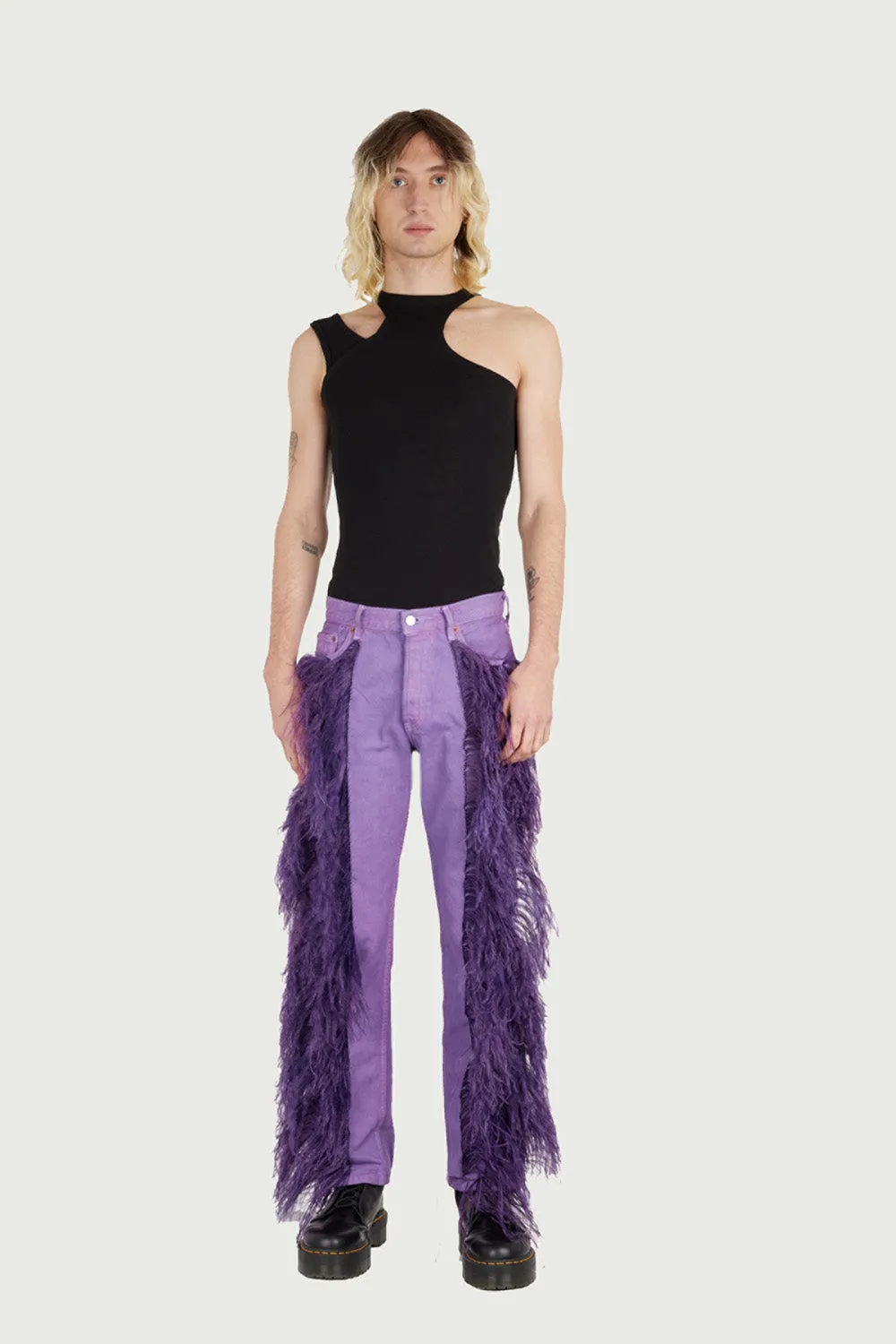 JEANNE FRIOT Peacock Jean jean violet plumes d’autruche