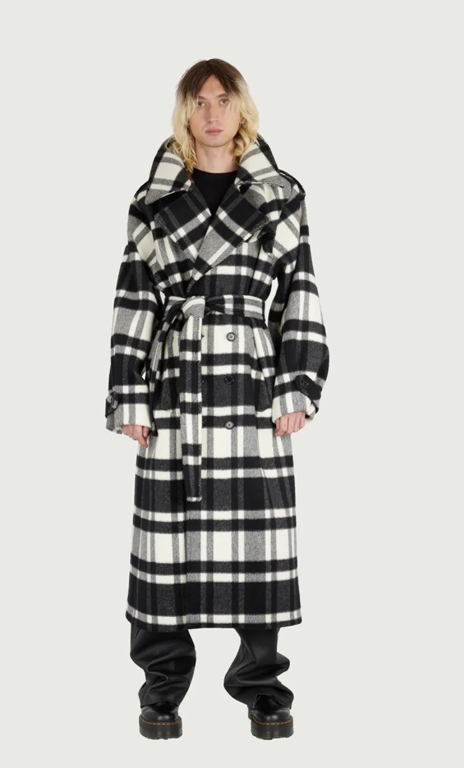 Jeanne Friot Lou trench tartan noir blanc laine M